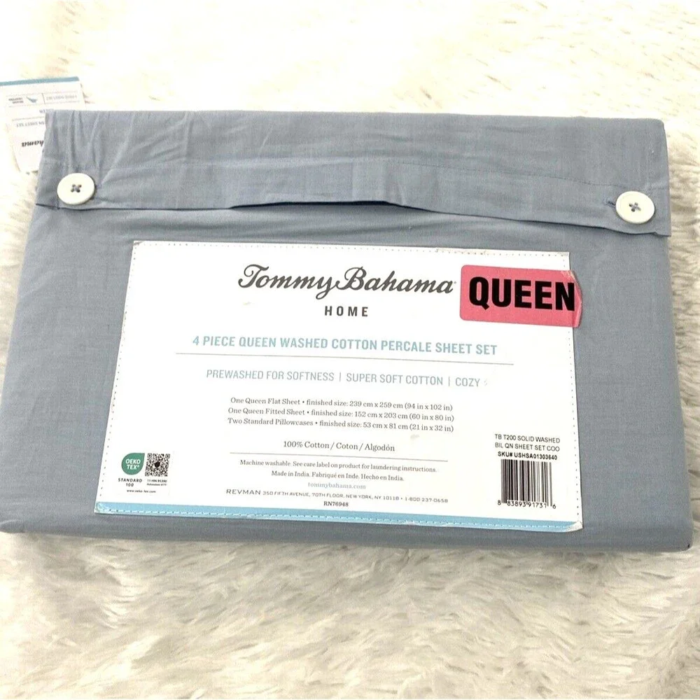 Tommy Bahama Queen Sheet Set 4 Pieces Home Washed Cotton Percale Blue Sky New